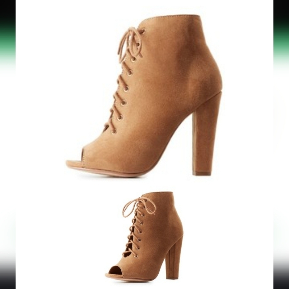Lace Up Peep Toe Tan Suede Heeled Booties, Sz 10